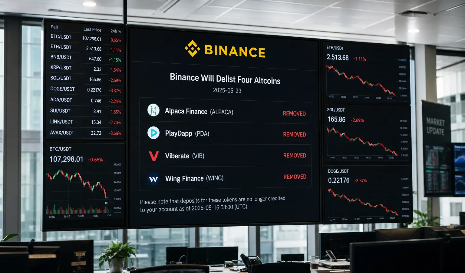 Binance Delists Four Tokens, Three Hit Record Lows