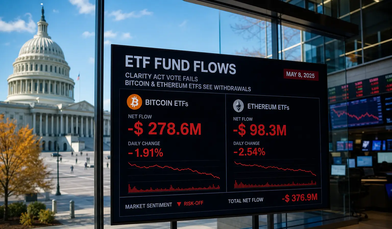 Bitcoin- en Ethereum-ETF's zien $592 miljoen uitstroom na CLARITY-mislukking