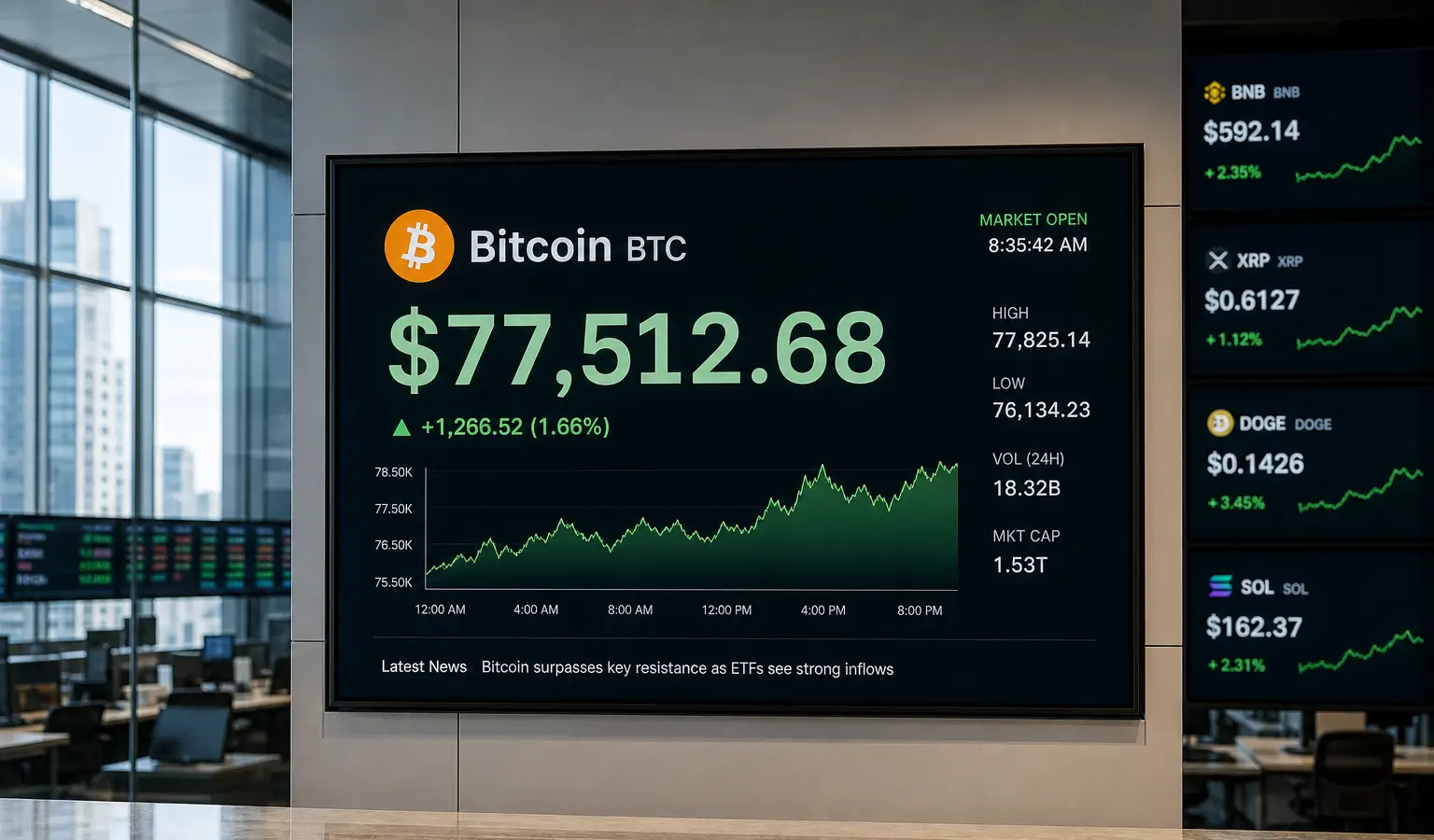 Bitcoin terug boven $77.500 terwijl dollarafdekking afneemt