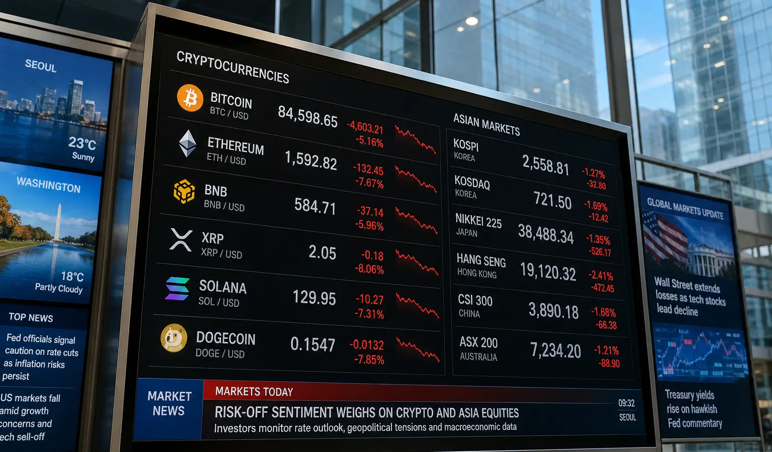 Bitcoin traci 2,7% po zamknięciu Wall Street i słabym Kospi