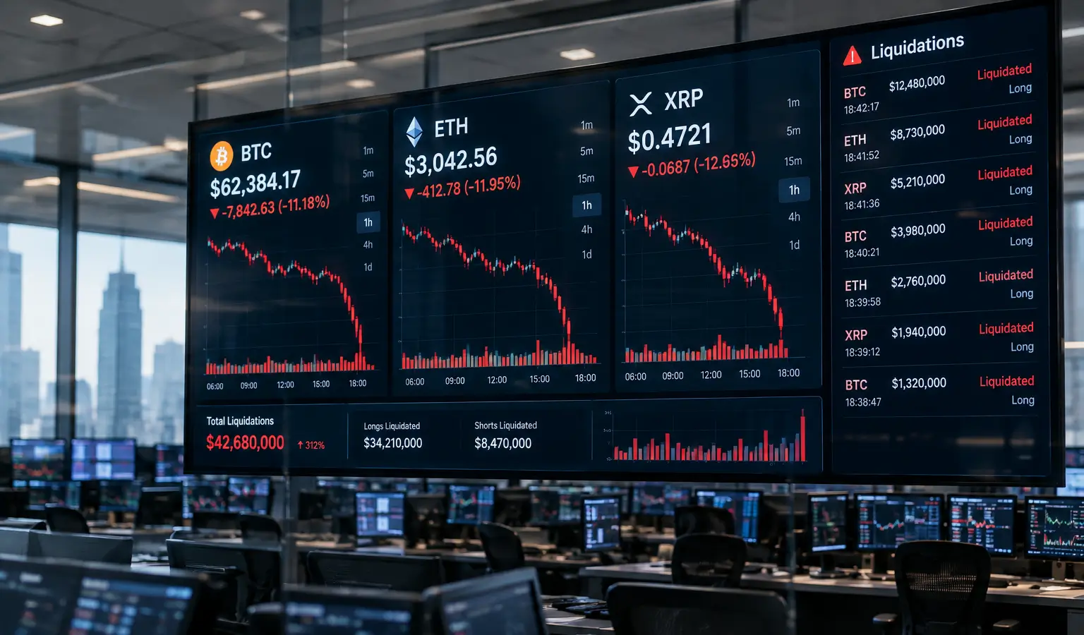Bitcoin, Ether en XRP dalen terwijl liquidaties oplopen