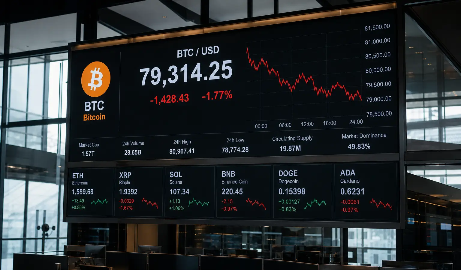 Bitcoin zakt naar $79.300 terwijl altcoins weekendwinst inleveren