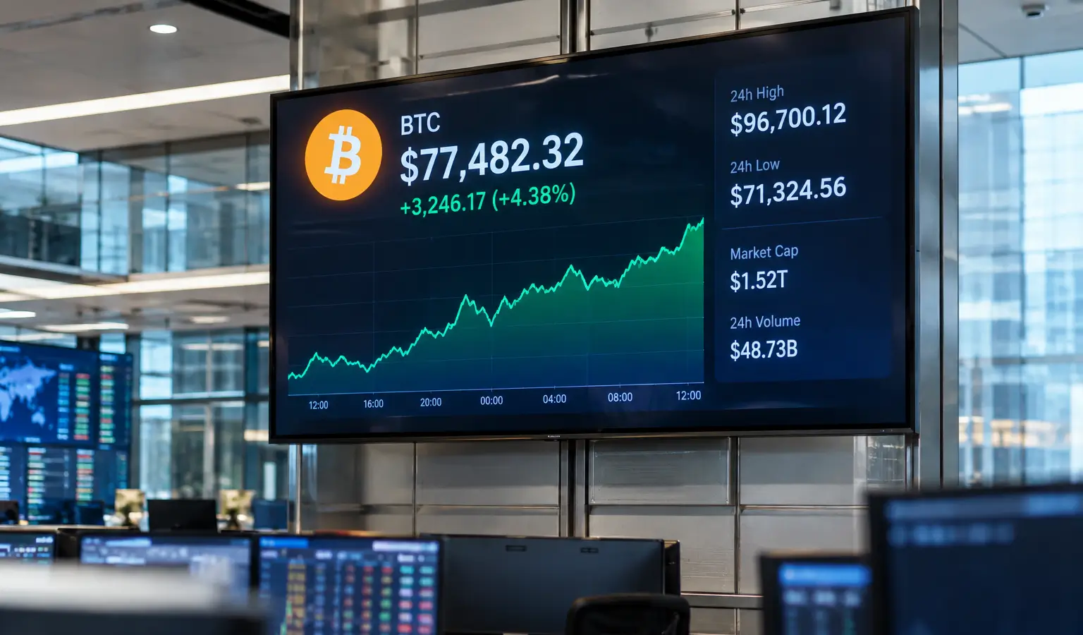 Bitcoin houdt 77.000 dollar vast, Glassnode ziet 96.700 als test