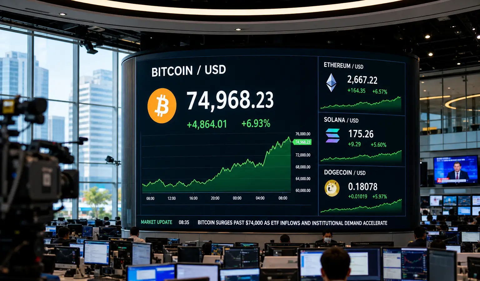 Bitcoin nähert sich 75.000 Dollar nach Welle von Short-Liquidationen