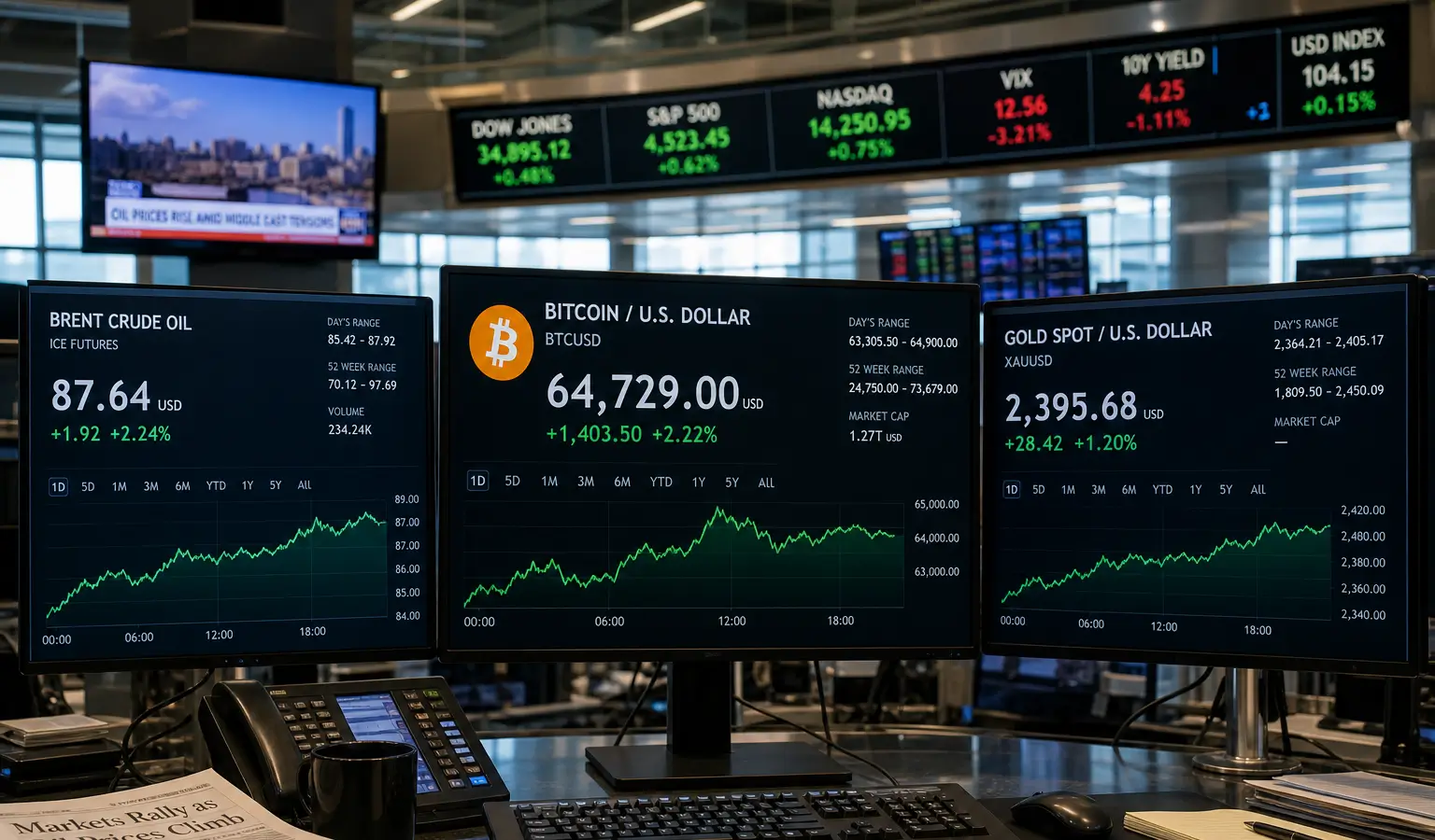 Bitcoin blijft onder $65.000 terwijl olie en goud stijgen