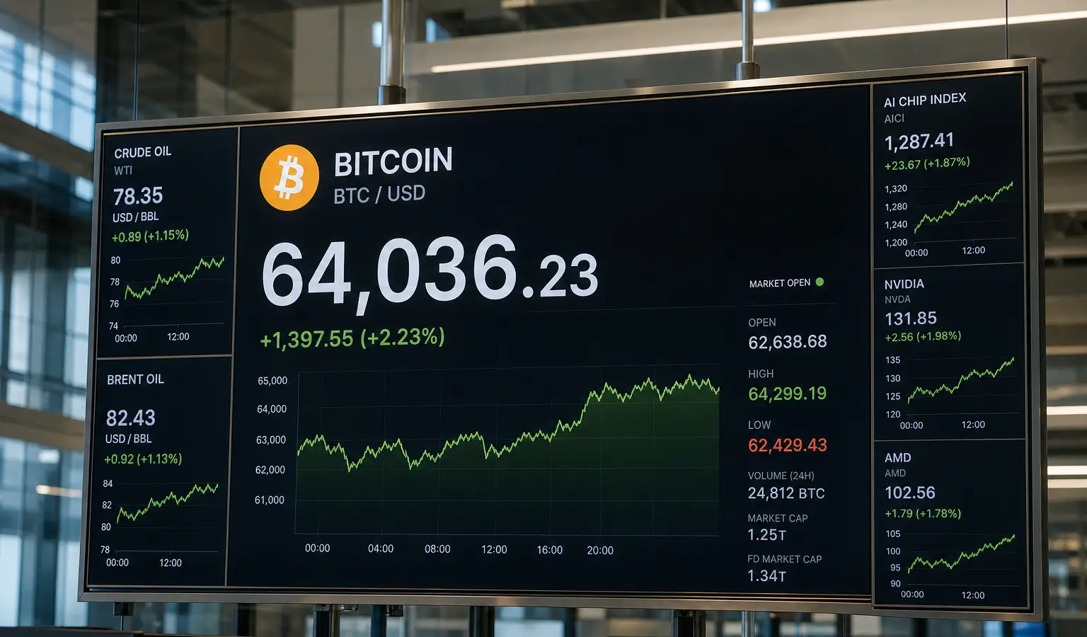 Bitcoin blijft rond $64.000 terwijl olie en AI-aandelen schommelen
