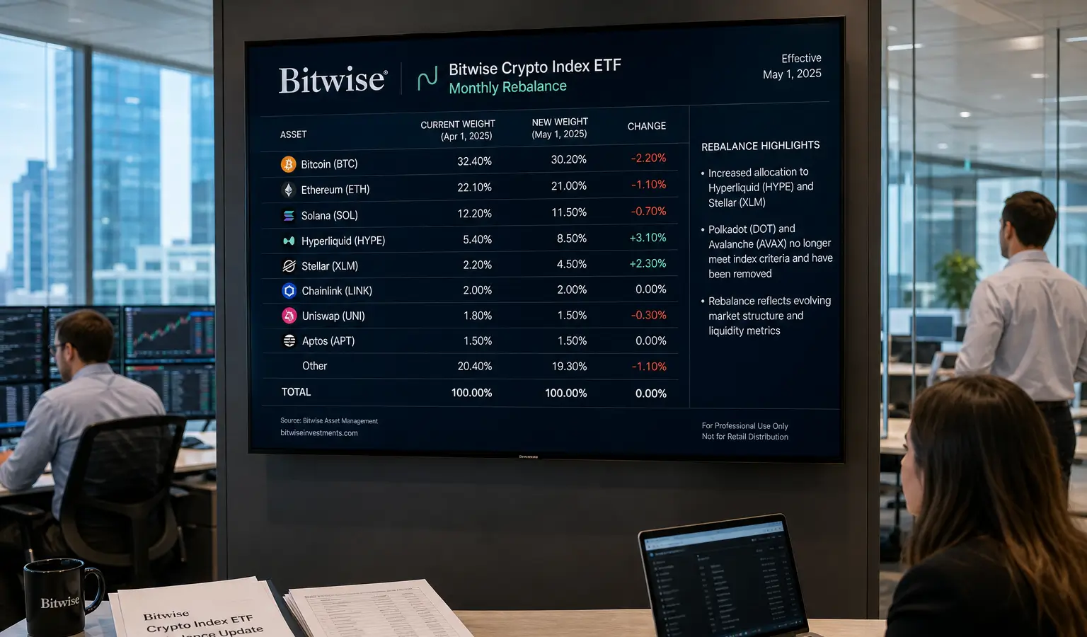 Bitwise ribilancia BITW: fuori DOT e AVAX, dentro Hyperliquid e Stellar