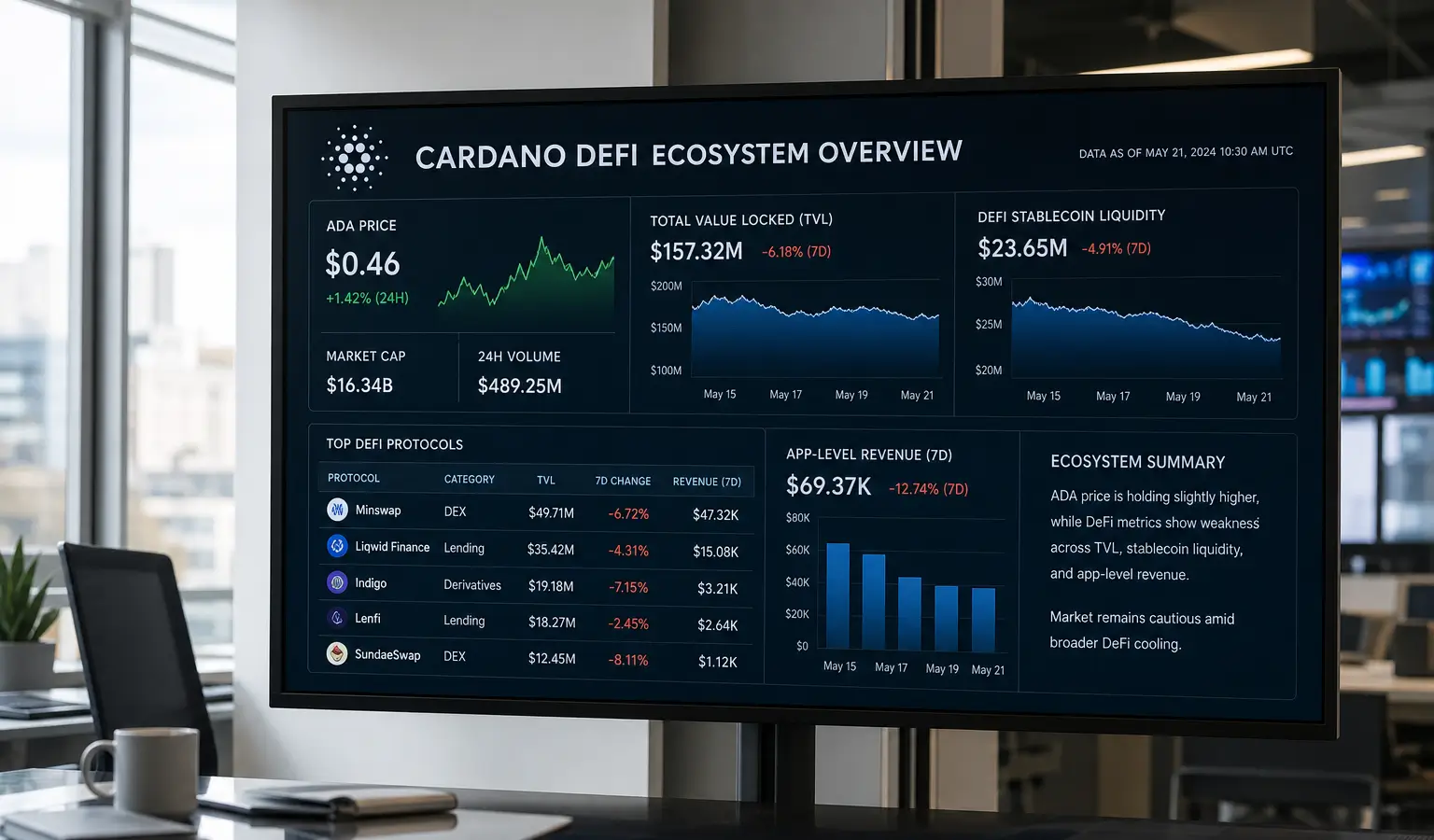 Cardano sobe, mas as receitas de DeFi continuam a cair