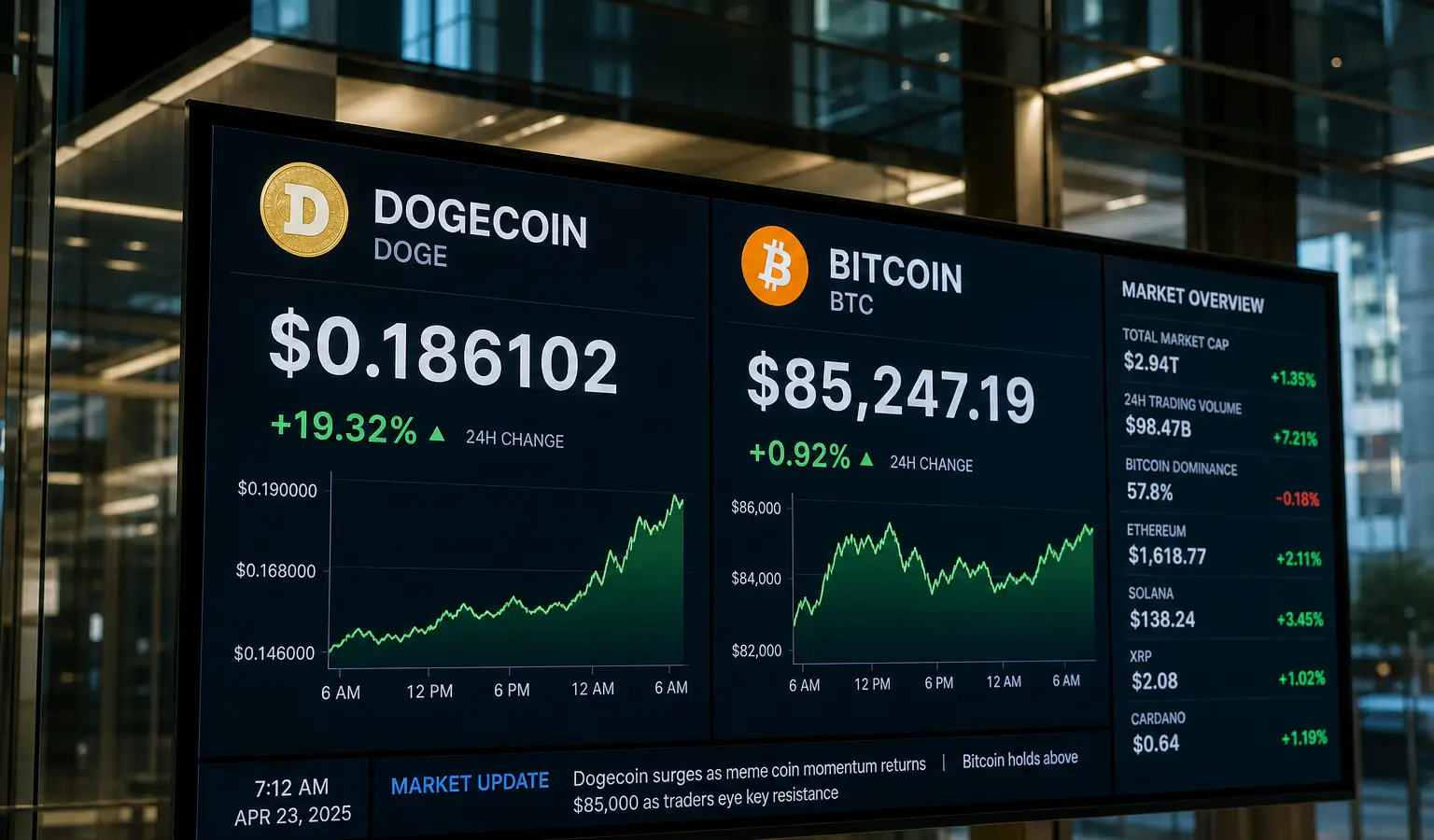 Dogecoin springt um 15 %, während Bitcoin über 85.000 Dollar bleibt