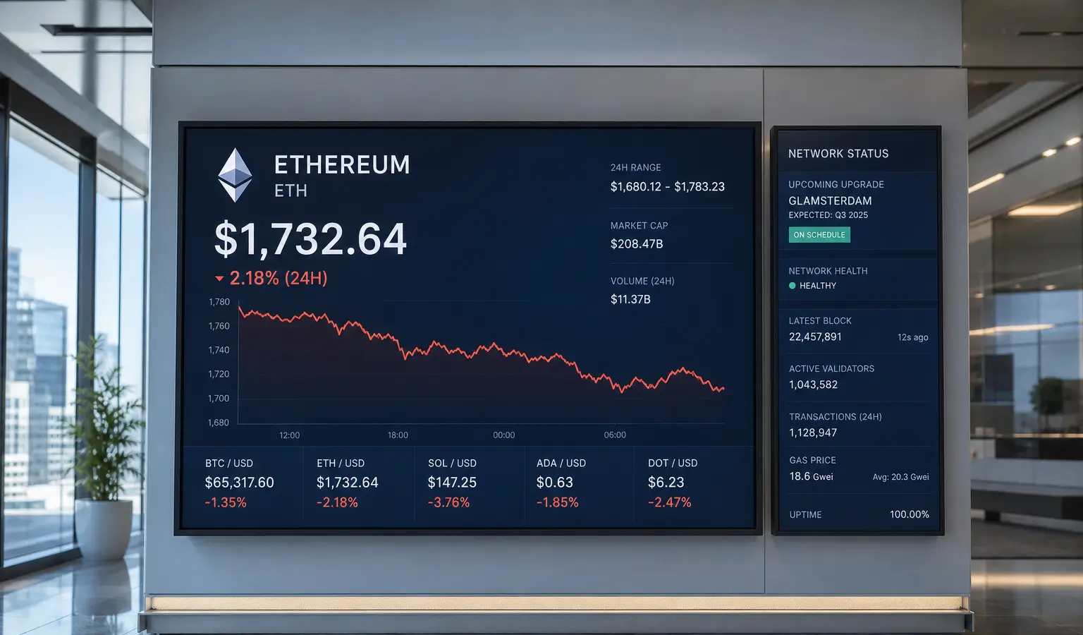 Ethereum zakt naar $1.730 terwijl Glamsterdam nadert