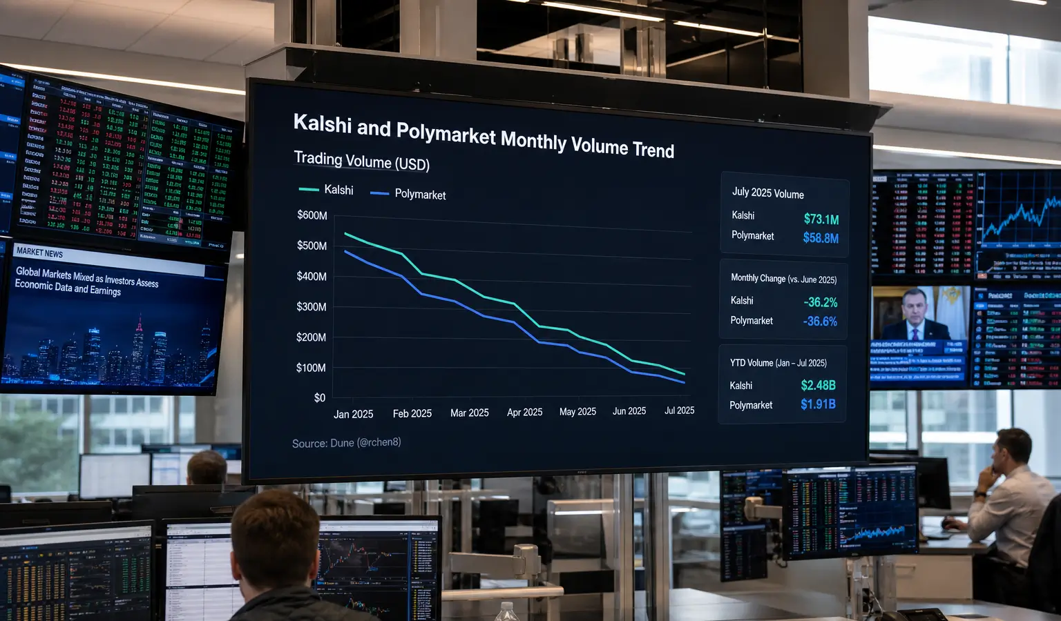 Kalshi en Polymarket zien eerste volumedaling in een jaar
