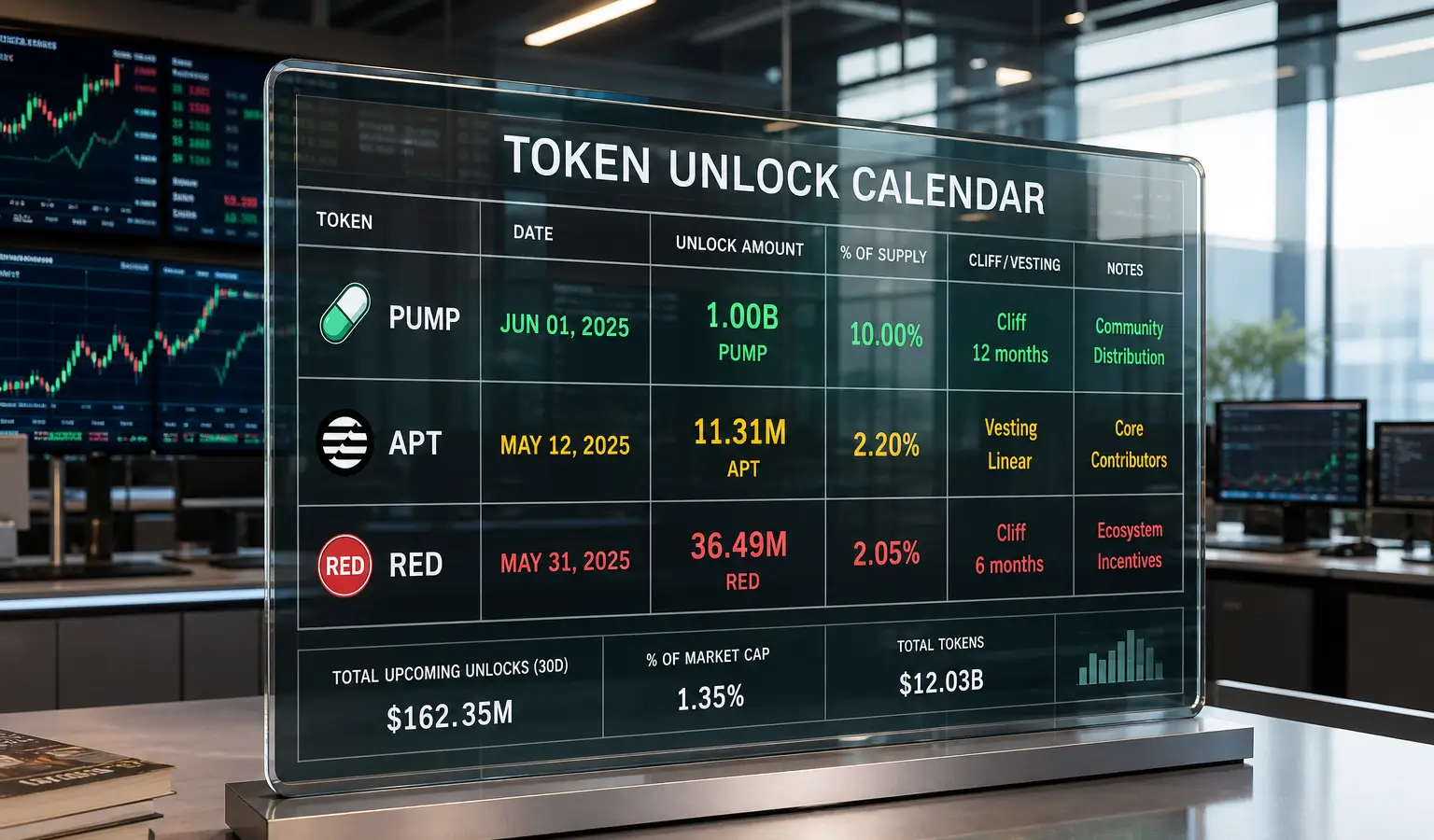 Token unlock da 776 milioni di dollari: PUMP, APT e RED sotto i riflettori