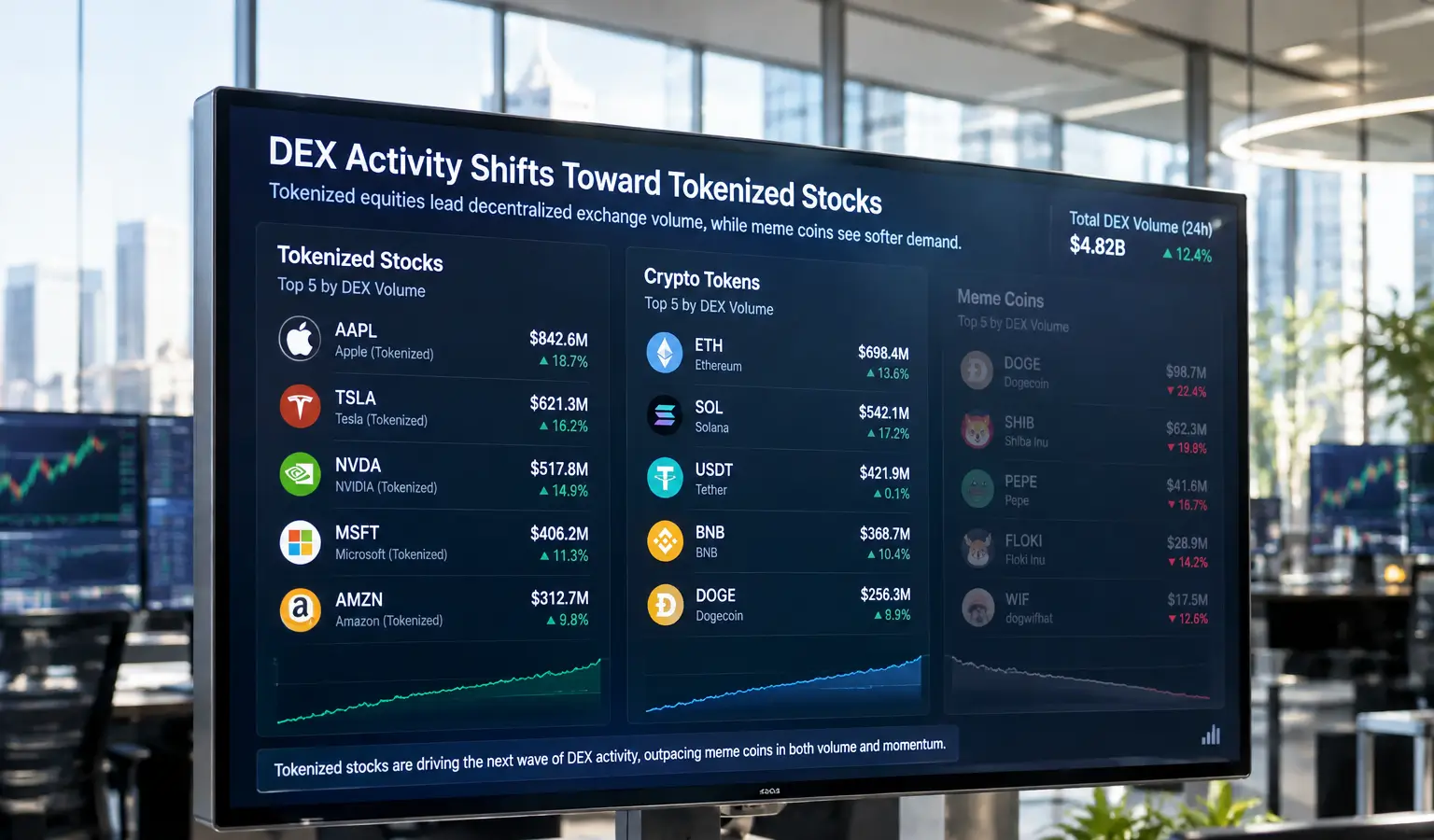 Tokenized stocks pakken 11% van DEX-handel, meme coins zakken terug